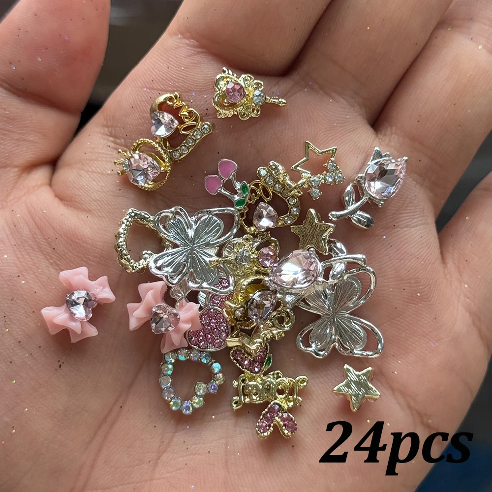 3D oro plata corazón flor Cruz dijes de uñas aleación de lujo Bowknot mariposa uñas diamantes de imitación Y2k Metal decoración de uñas plana