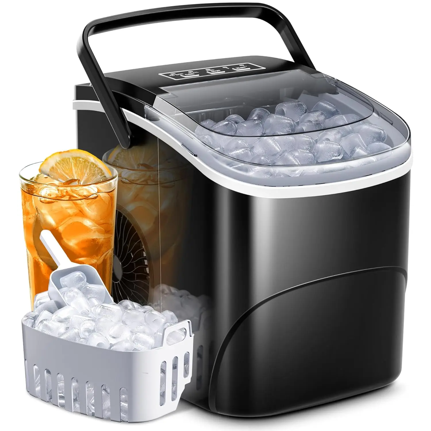 Ice Makers Countertop W/ Handle,26.5Lbs/24H,9 Cubes in 6 Mins,2 Sizes of Bullet Ice,Portable Ice Maker Machine USA