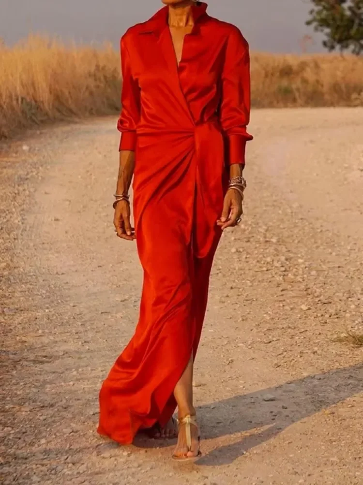 Lemongor Fashion Solid Color Tied Waist Lapel A-line Dress Women 2024 New Autumn Long Sleeve Elegant Party Evening Maxi Dresses