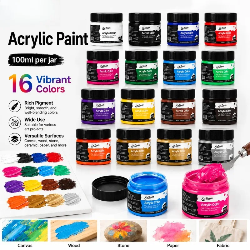 100ML Wide Mouth Bottle Acrylic Paint 16 Colors Watercolor Gouache Pigment Set Multi-purpose Art Drawing Hand Painting DIY Craft