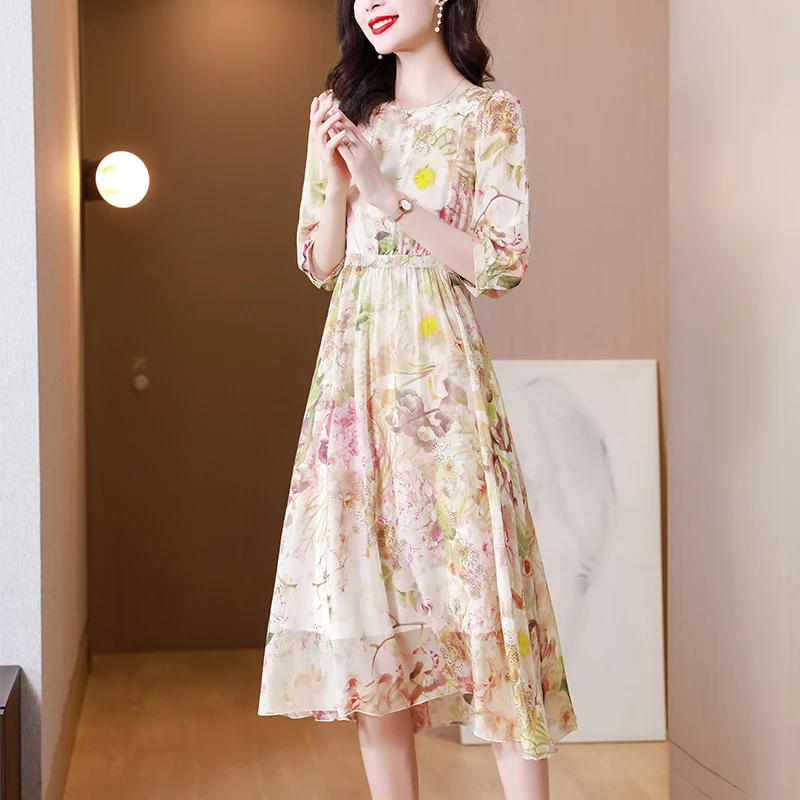 فستان نسائي شيفون مطبوع عليه زهور للربيع والصيف بأكمام 3/4 وخصر عالي تنورة متوسطة الطول للتنحيف نمط سيدة أنيقة