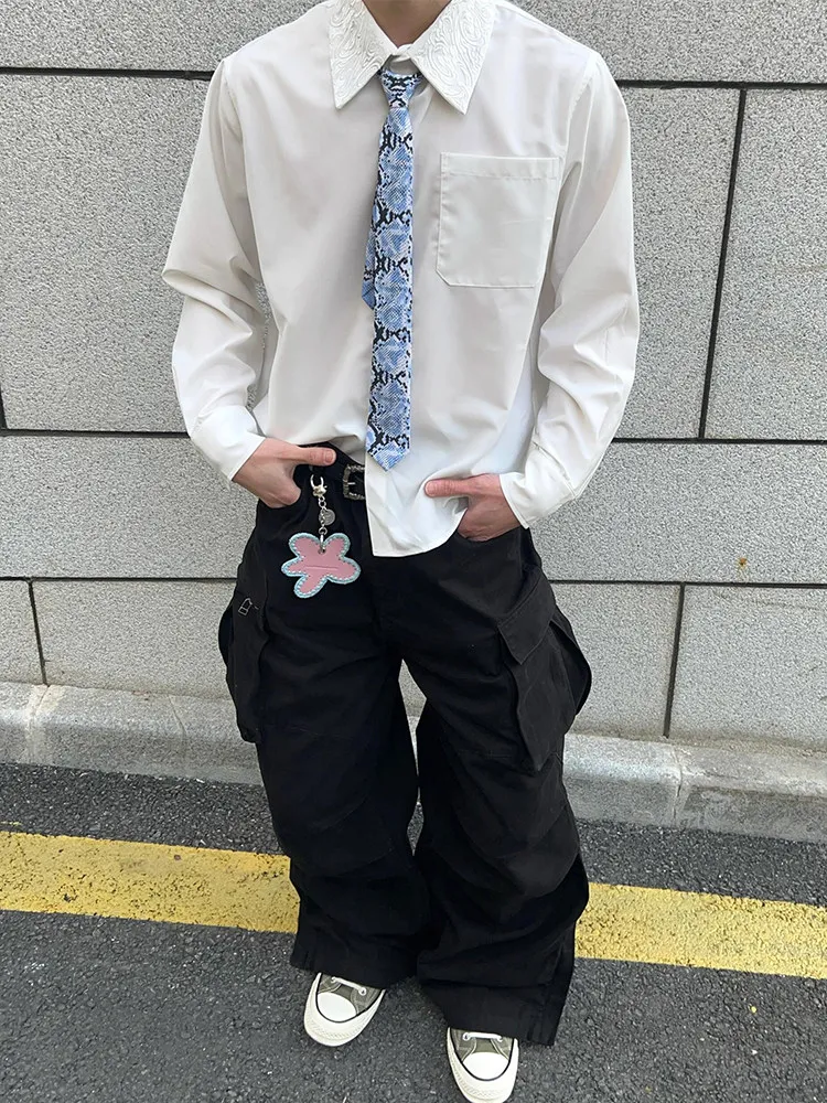 

American Style Men's White Embroidered Flower Collar Shirt Spring Autumn Cleanfit Handsome Outerwear Long Sleeve Polyester Fiber