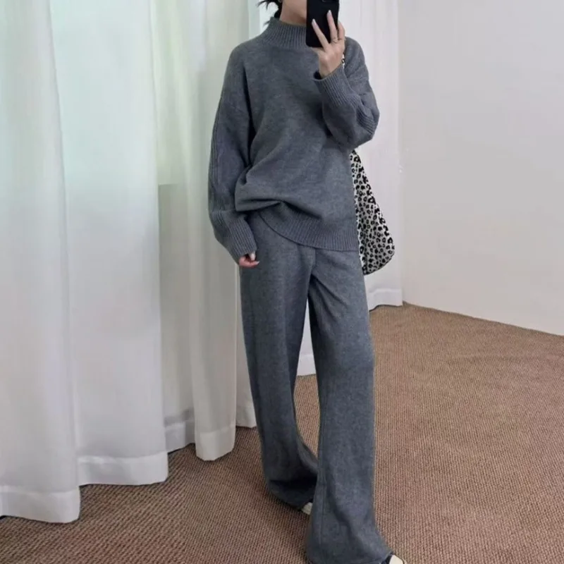 

Корейский однотонный вязаный пуловер с длинными рукавами + длинные брюки с эластичной резинкой на талии, комплекты из 2 предметов, новый повседневный свободный комплект для женщин