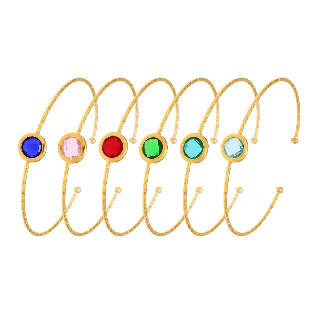 

Joolim Jewelry Wholesale High End PVD No Fadef Fashion Dainty Colorful Round Glass Stone Cuff Stainless Steel Bracelet for Women