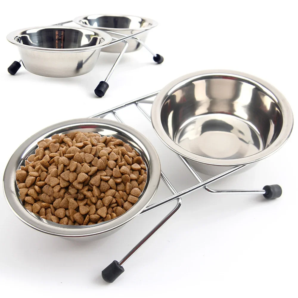 Dog Bowl Stainless Steel Pet Dogs Cat Double Bowls Durable Iron Stand Food Water Dishes Anti Slip Puppy Feeder Pet Supplies