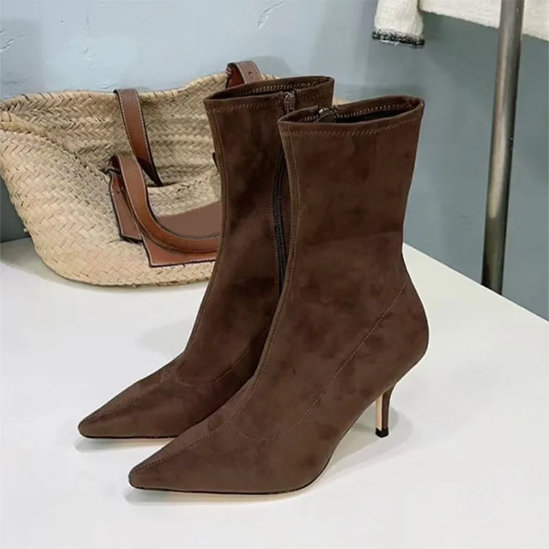 

Sexy High Heels Ankle Boots For Women Pointed Toe Runway Shoes Woman Black Coffee Stretch Boots Heeled Short Boots Woman