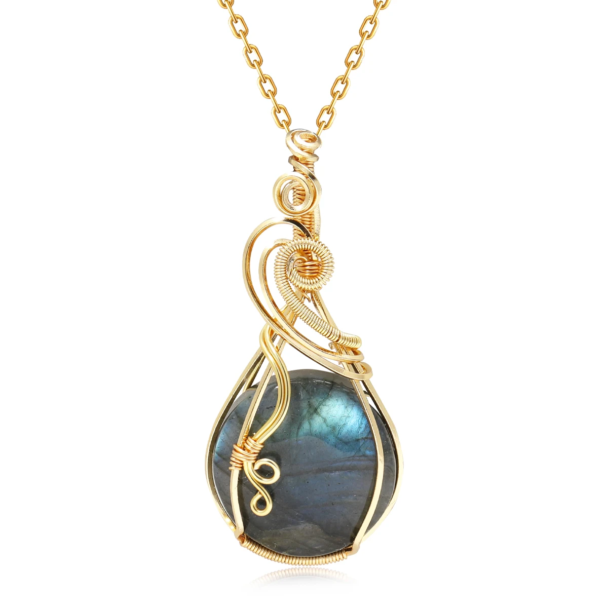 Damen Labradorit Regenbogen-Edelstein-Anhänger Kupferdraht-Umwickelter Labradorit-Schmuck Labradorit-Halskette mit Kette und Box – Detail 26