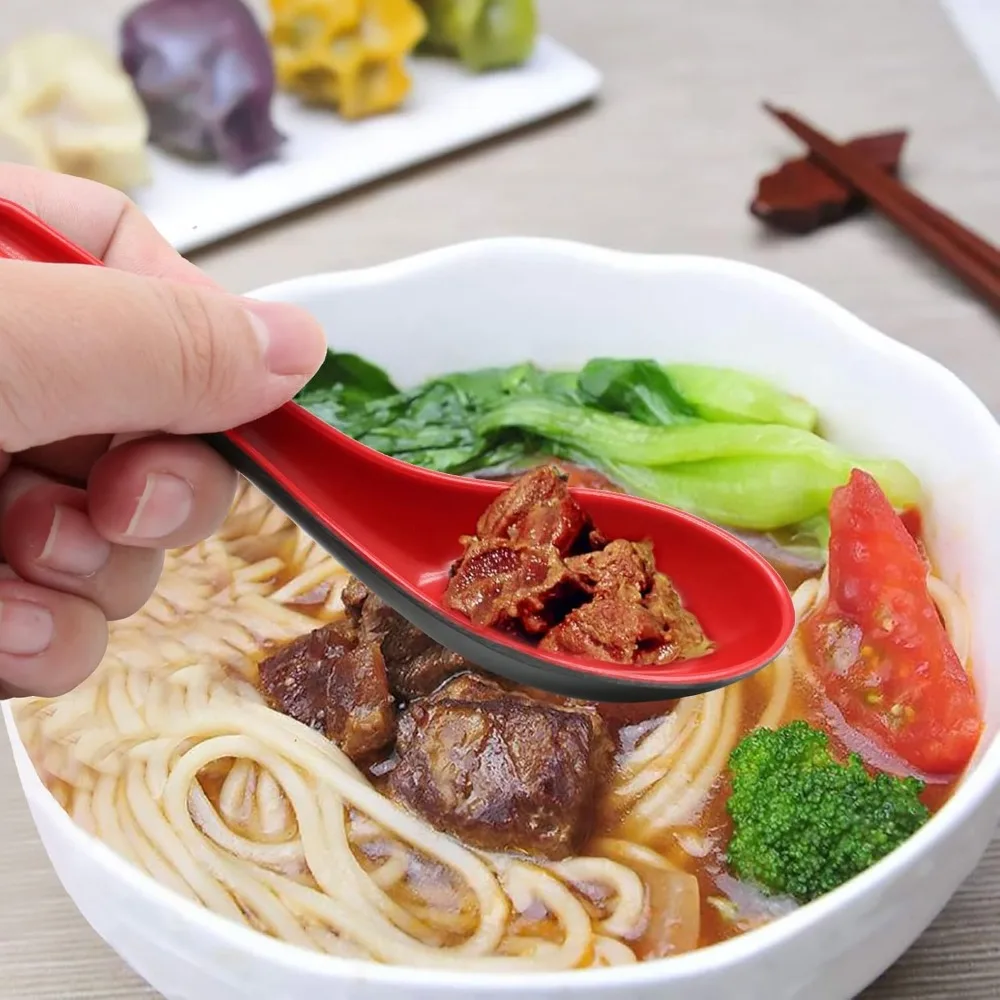 2pcs Japanese Style Melamine Red Black Soup Spoon Long Handle Simulated Ceramic Ramen Spoon Drop-resistant Heat-resistant