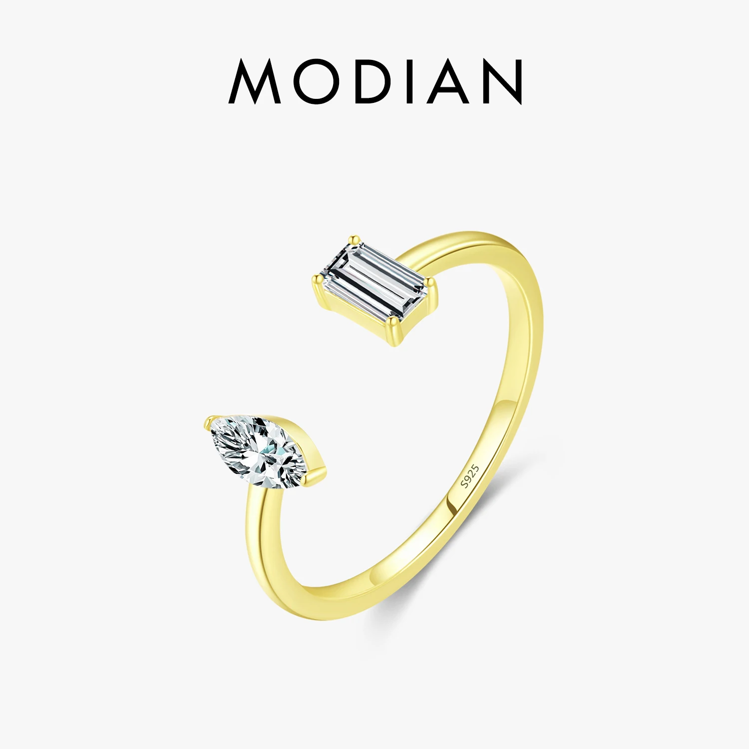 

MODIAN 925 Sterling Silver Rhombus & Eectangle Open Size 6-9 Adjustable Finger Ring Gold Color Simple Jewelry For Women Gifts