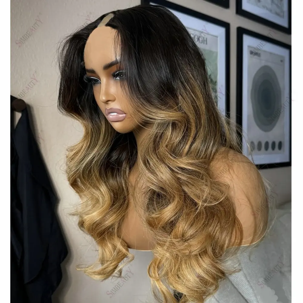 Black Roots Ombre Honigblond 1X4 Größe U-Part-Perücken Remy Echthaar Body Wave Verstellbare Klebefreie V-Form Vollmaschinell Gefertigte Perücken – Detail 3