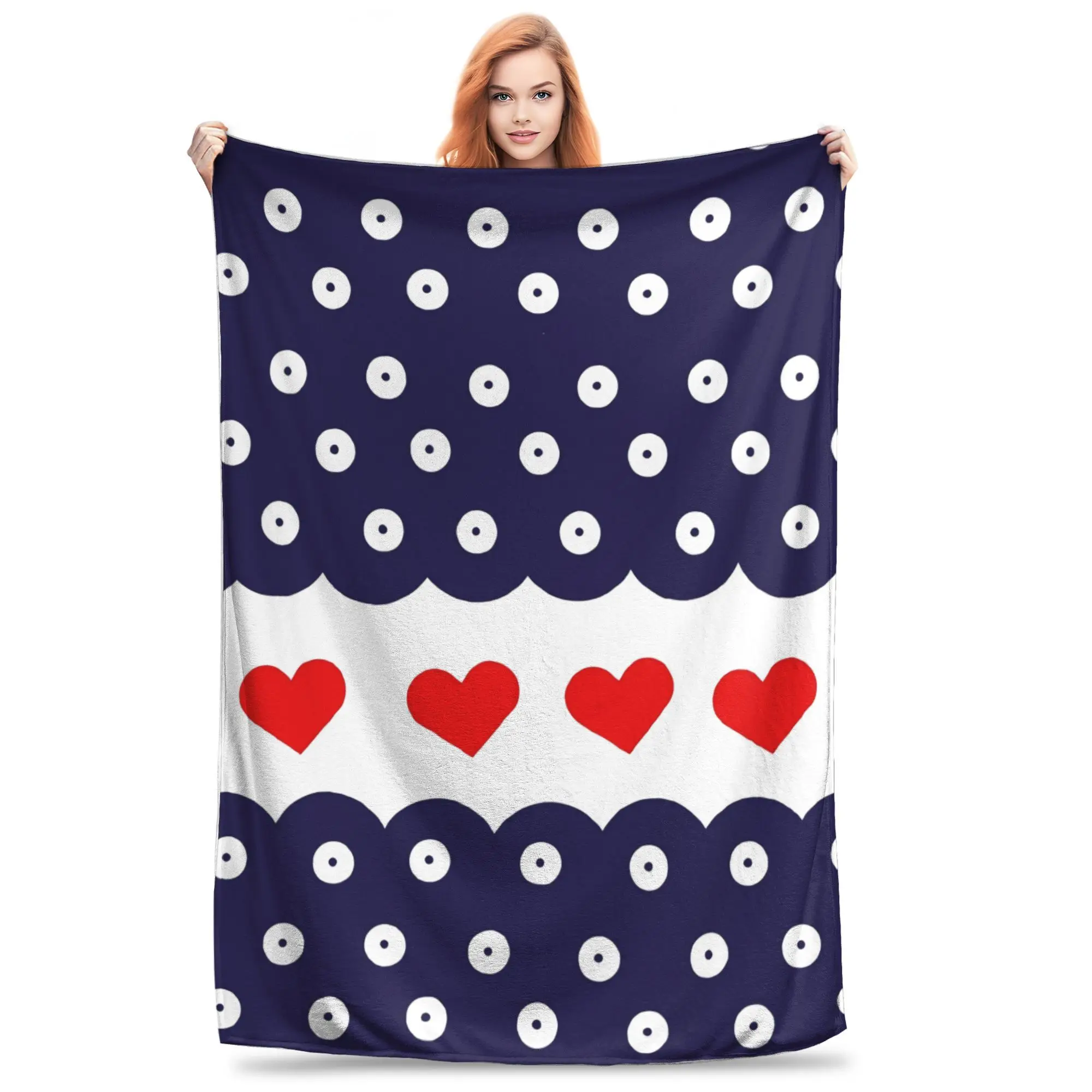 

Valentine's Day Polka Dot Heart Blanket Throw Navy Blue Picnic Cozy Home Decor Gift for Romantic Couple