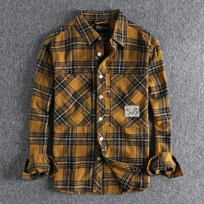 Winter Thick Washed Brushed Fabric Men\'s Plaid Long Sleeve Shirt Jacket American Workwear Big Pocket Fashion Youth Man Shirt