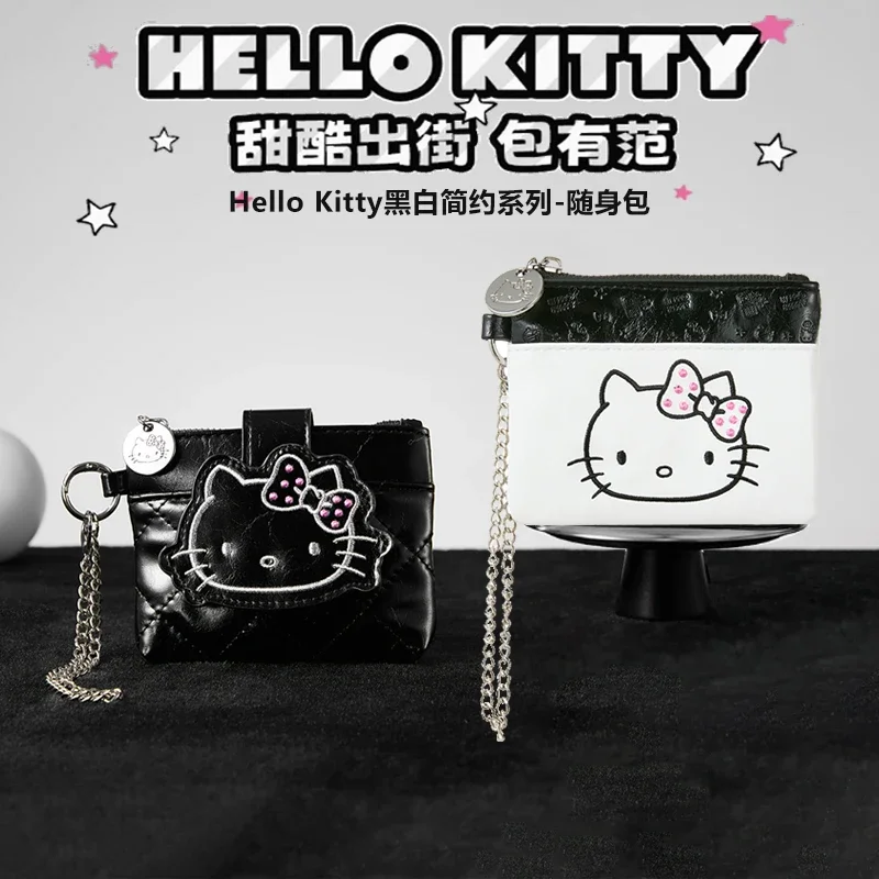 

Hello Kitty Black and White Minimalist Series Cute Girl Pocket Card Bag Y2K Girl KT Cat Wallet Anime Cartoon Peripheral Gifts