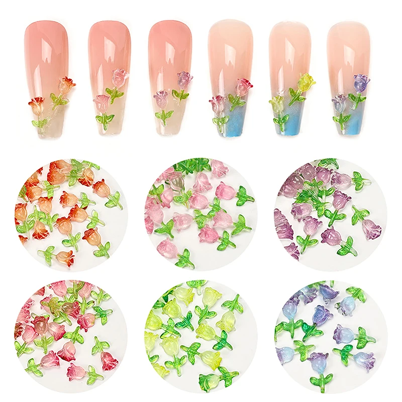 10Pcs 3D Tulip Rose Nail Art Charms Luminous Nail Art Studs Simulation Flower Nail Decorations Manicure Salon Women Jewelry Gift