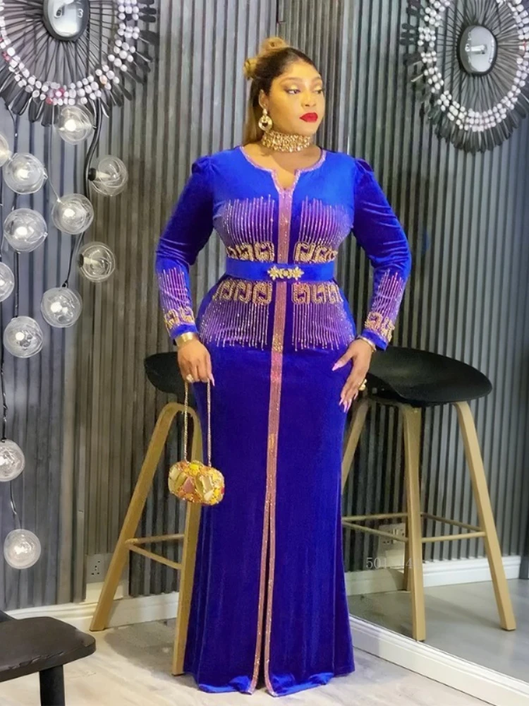 

2026 Dashiki Ankara Turkey Africa's hot selling women's clothes flannel fashionable letters hot drilling, front split hip dress