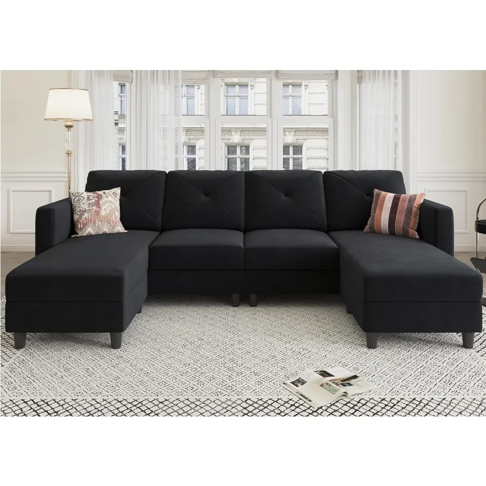 Velvet 4 Seater Sofa with Chaise for Living Room U Shaped Sectional Couch Black Sofas Convertible Modular Sofa