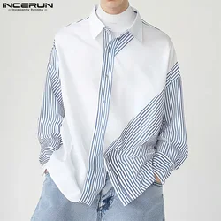 INCERUN Men Shirt Striped Patchwork Lapel Long Sleeve Streetwear Men Clothing 2024 Korean Style Fashion Casual Male Shirts S-5XL