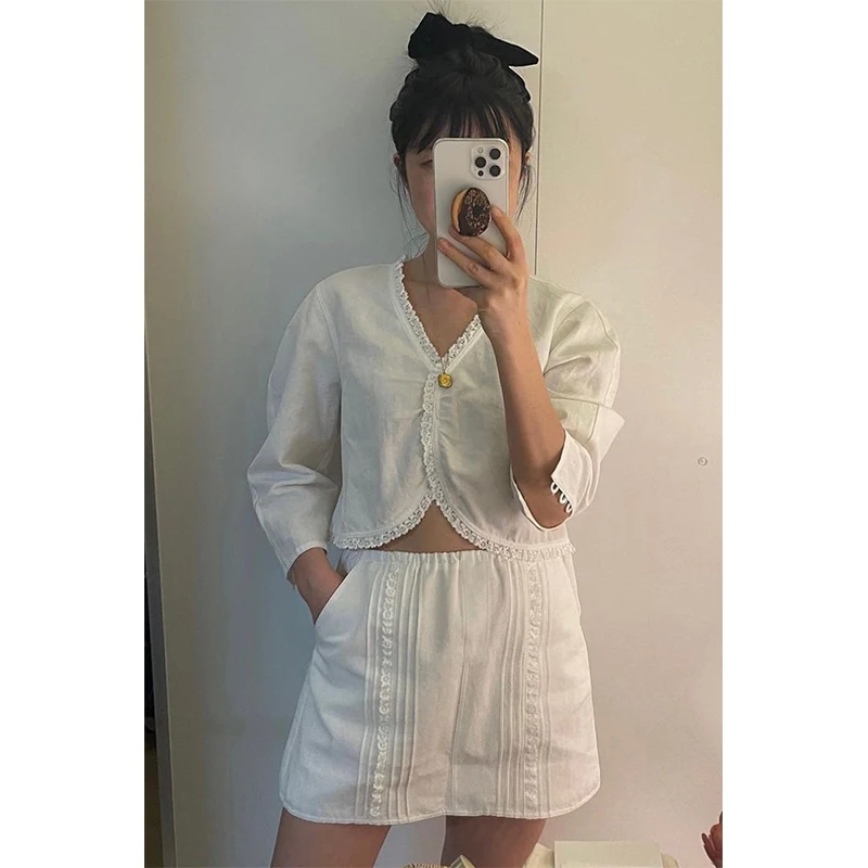 Korobov Lace V Neck Crop Tops A-line Skirt Suit Vintage Solid Color Two Piece Set for Women Korean Fashion Conjuntos Cortos