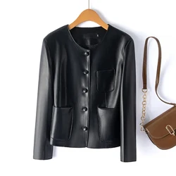 Black O-neck Short Leather Jacket for Women Fashion Single-breasted Pocket Chic Ladies Long Sleeve Split Sheepskin Jackets Coats