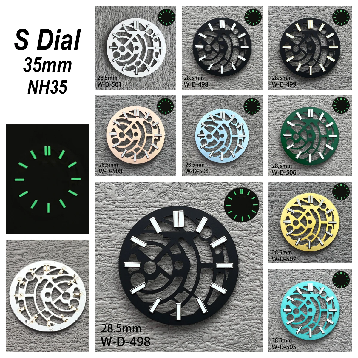 

28.5 mm S Logo Hollow Out Dial Suitable For NH38/NH70/NH72 Movement Green Luminous Watch Modification Accessories Fit 3/3.8/4