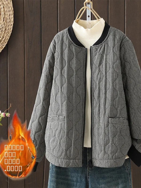 

2025 New Plaid Cotton Jaet Long Sve Casual Sle Women's Coat Autumn Winter Thiened Cotton Outerwear Zipper Closure