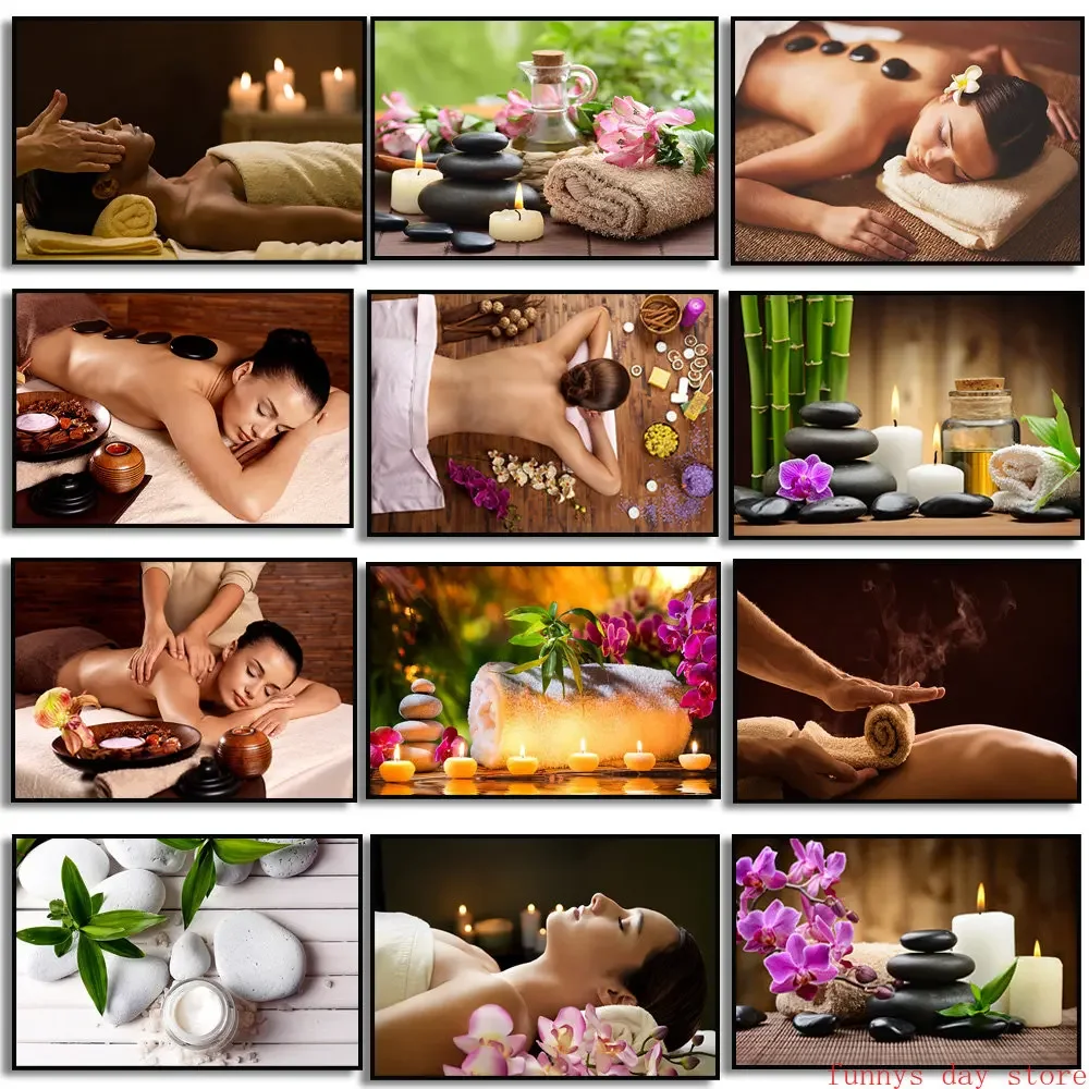 

Thai Water Zen Stone Body Spa Silk Painting Body Massage Orchid Posters,Prints Flower Wall PicturesSalon Home, Decor