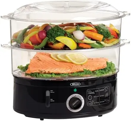 

BELLA 7.4QT 2-Tier Steam Cooker with Auto Shutoff & Boil-Dry Protection – Fast, Stackable Food Steamer, Black