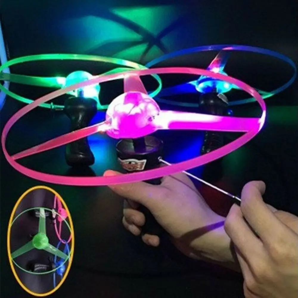 LED Light Pull Line Saucer Toys with Pull Rope Rotating Design Flashing Flying Toy Plastic Multicolor Luminous Toy