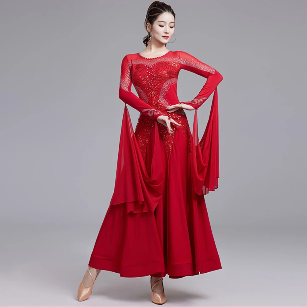 Modern Dance Dress wine red Ribbon Professional Competition Standard Dress Purple Sequin dark green Waltz Ballroom Dress