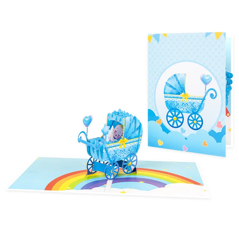 

2Pcs 3D Rainbow Stroller Greeting Card Creative Handmade Paper Cutout Greeting Card for Newborn Boys and Girls
