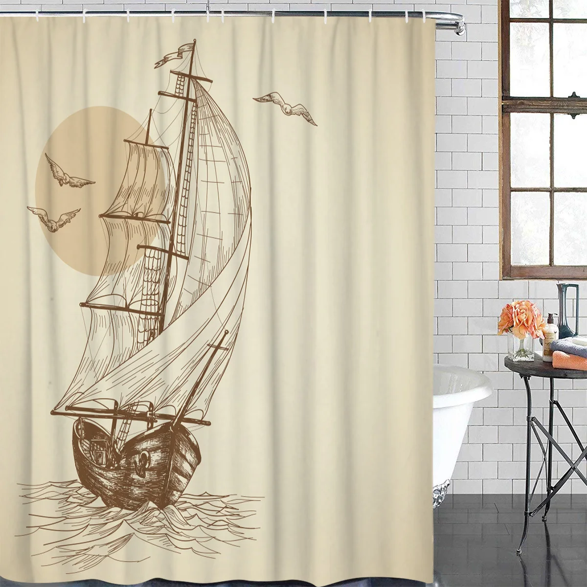 Vessel Seagull Lines Simple Waterproof Bathroom Decoration Shower Curtain With Hook Bathtub Curtains Bathroom Accessories