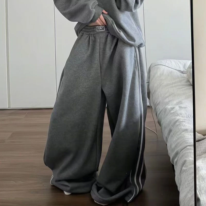 الأمريكية شريط Sweatpants النساء الشتاء سميكة عالية الخصر الشارع الشهير فضفاض Mujer سراويل للجري Y2K الهيب هوب الشرير مستقيم بنطلون