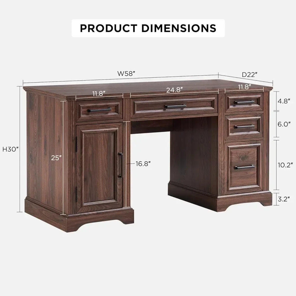 58" Executive Desk, Computer Desk with Drawers & Cabinet, 5 Storage Cabinets Workspace for Work Study Writing, Home Office Desk