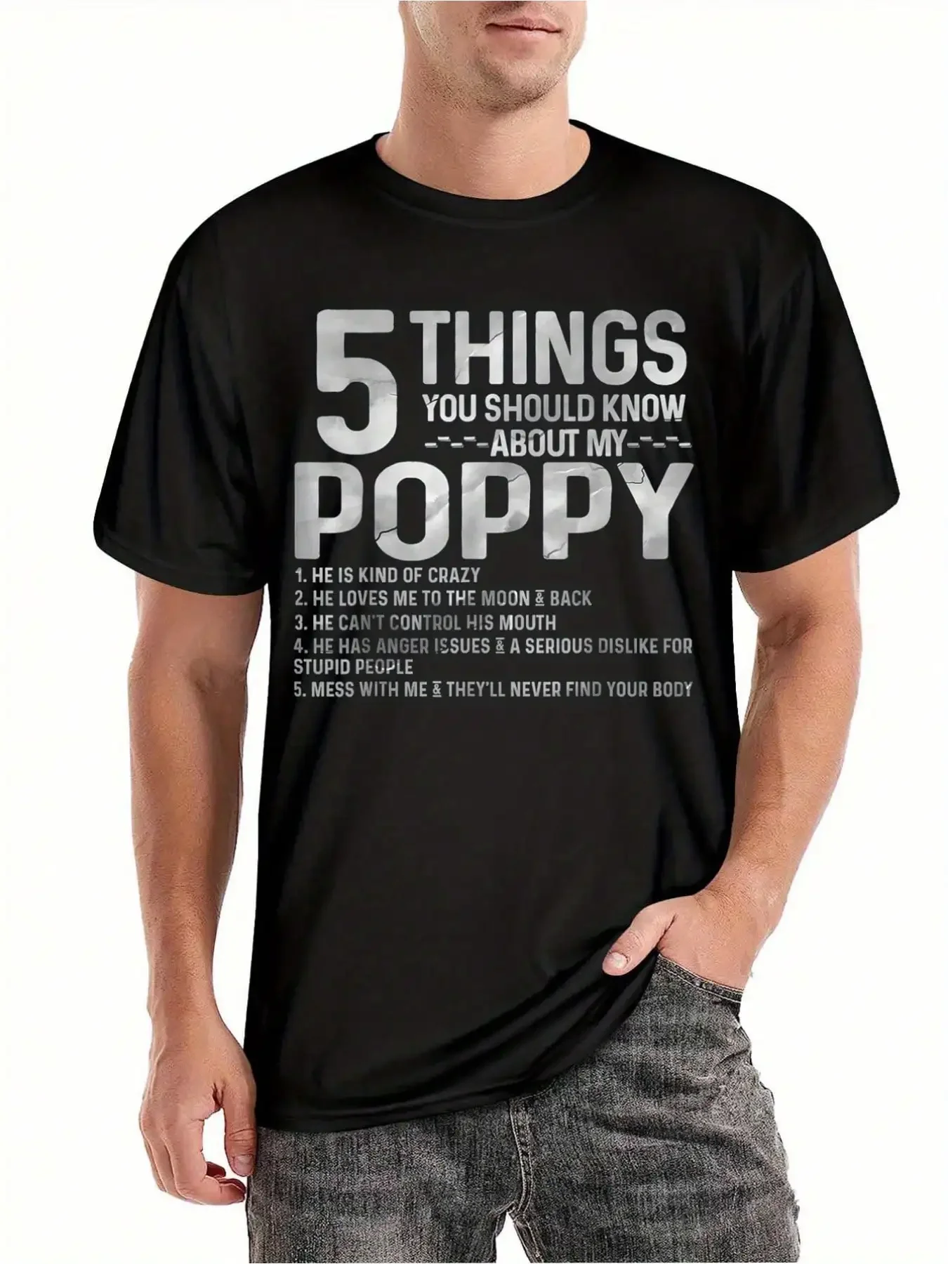 

5 Things About My Poppy Men's T Shirt Men's Graphic Humor Funny Sayings T Shirt Short Sleeve Novelty T Shirt Classic Style