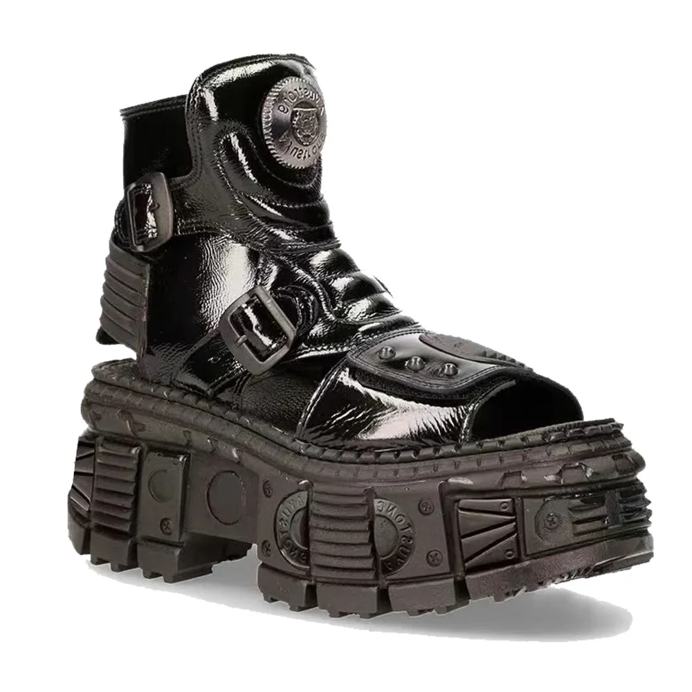 Bottes de moto Punk pour femmes, sandales de gladiateur à bout rond et semelle épaisse, mi-mollet, couleurs mélangées, plateforme Rome nouée en croix