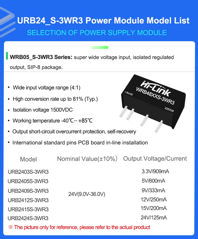 Hi-Link URA2405S-3WR3 URA2412S-3WR3 URA2415S-3WR3 URA2424S-3WR3 3.3V/5V/12V/15V/24V DC DC isolated power module 3W Official