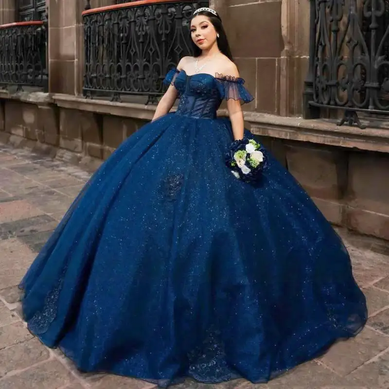 Navy Blue Ball Gown Quinceanera Dress 2025 Boned Sweetheart 3D Floral Sequin Princess Sweet 16 Dress Vestido De XV Años Party