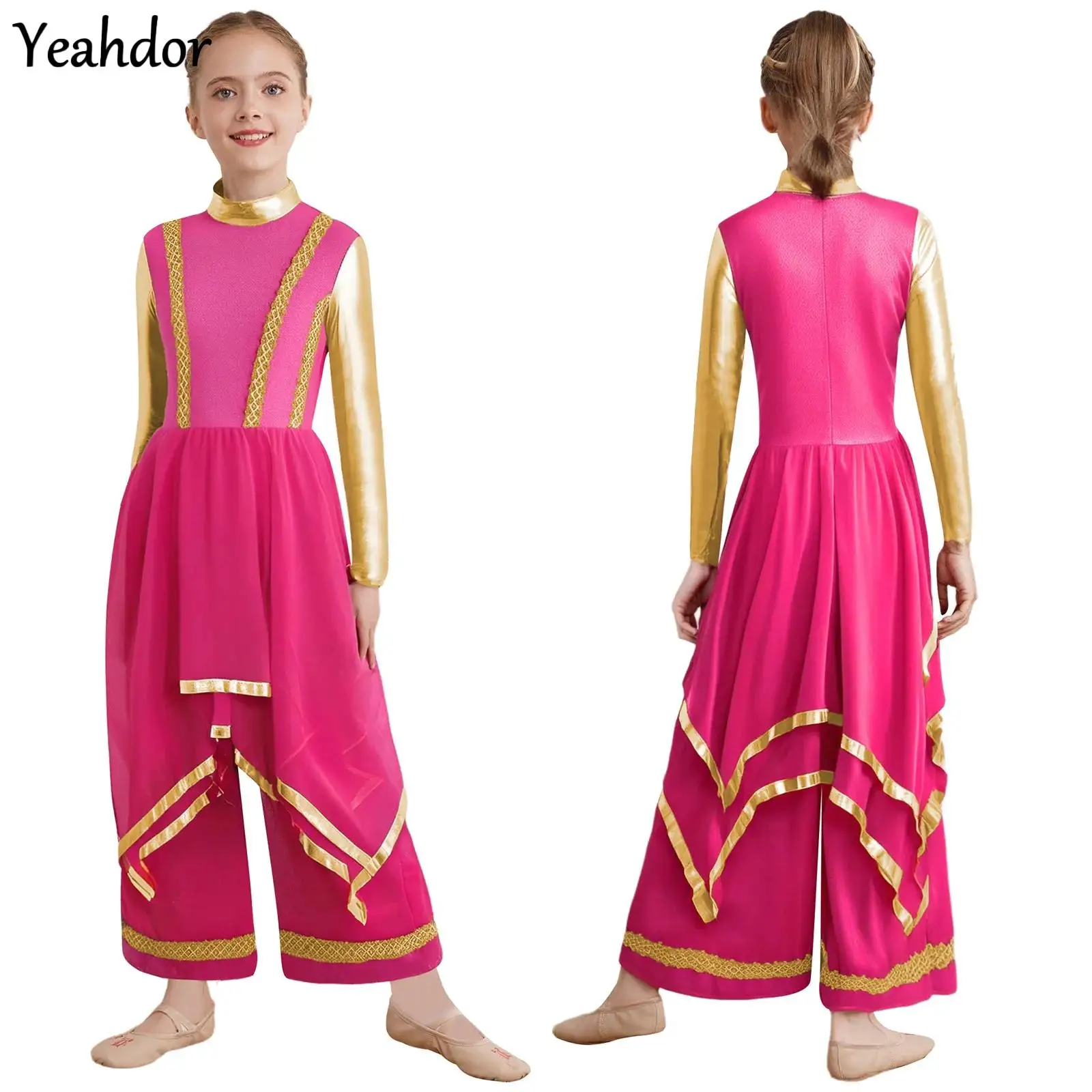 

Girls Liturgical Praise Worship Dress Long Sleeve Gold Trim Metallic Lyrical Dress with Wide-Leg Pants Church Choir Costume Suit