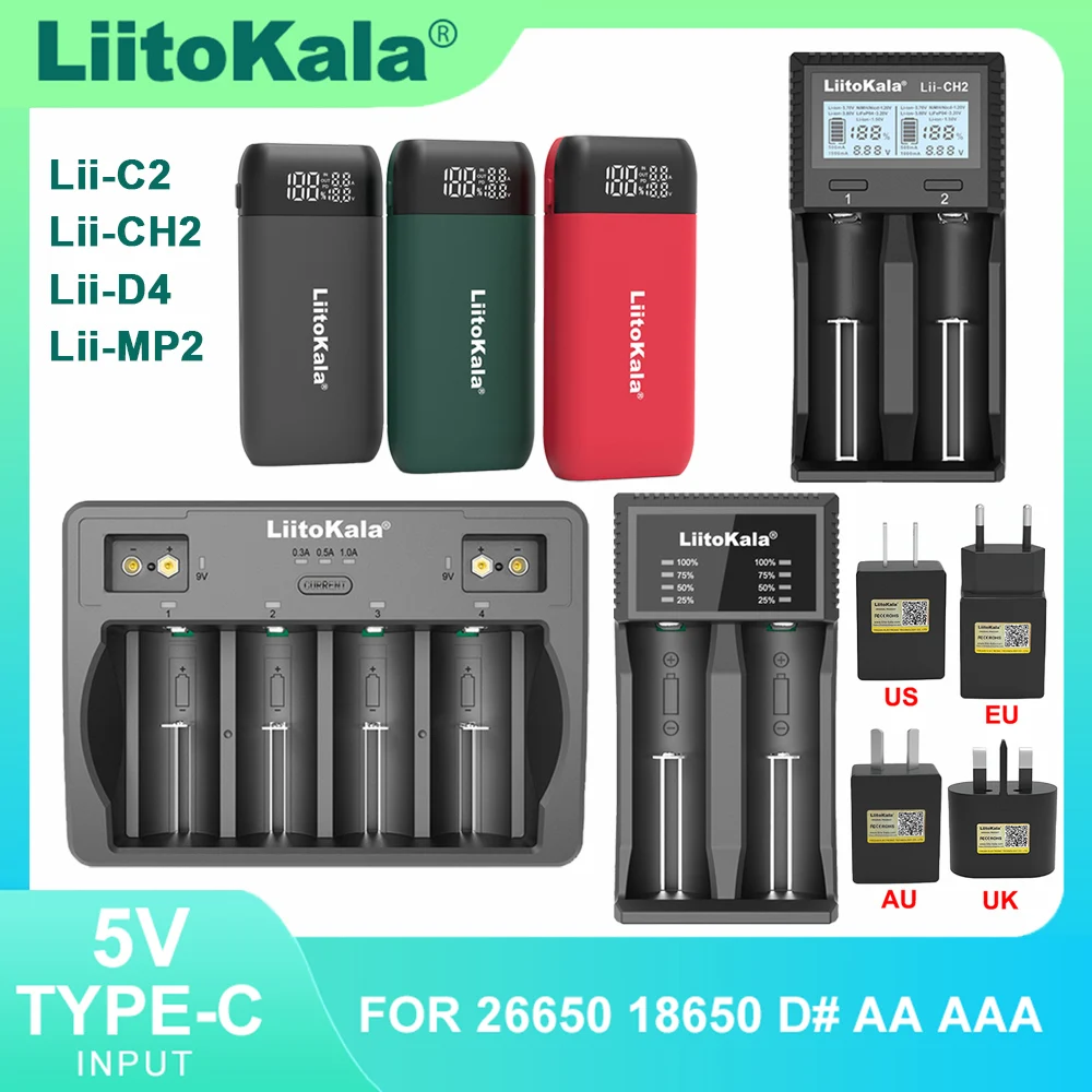 LiitoKala Lii-D4 Lii-C2 Lii-CH2 Lii-MP2 Universal 3.7V Battery Charger Fits 18650 21700 26650 17500 1.2V AA AAA SC Batteries