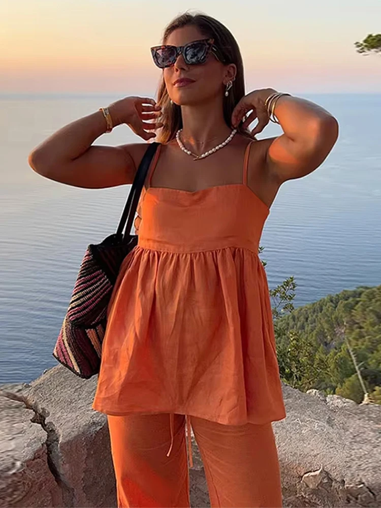 Pleated Hem Sling Tops Pants Two-piece Set Women Elegant Orange Sleeveless Top Suit With Wide Leg Pants Lady Chic Street Outfits