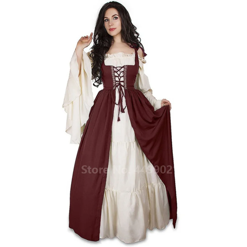 Vestido extravagante feminino cosplay, traje de carnaval retro sem alças, manga longa, rainha elegante, dia das bruxas, tribunal europeu