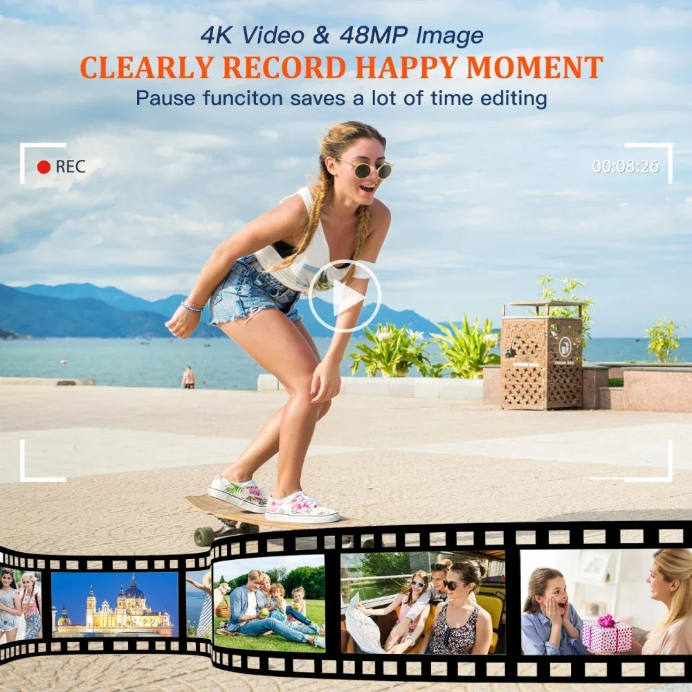كاميرا رقمية 4K بتركيز تلقائي كاميرا تسجيل فيديو بدقة 48 ميجابكسل ليوتيوب وكاميرا فيديو مضادة للاهتزاز مع فلاش عدسة الكاميرا وبطاقة 32 جيجا