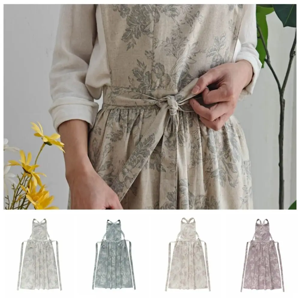 

Portable Elegant Kitchen Apron with Pockets Cross-back Cleaning Apron Exquisite Retro Cooking Apron Garden