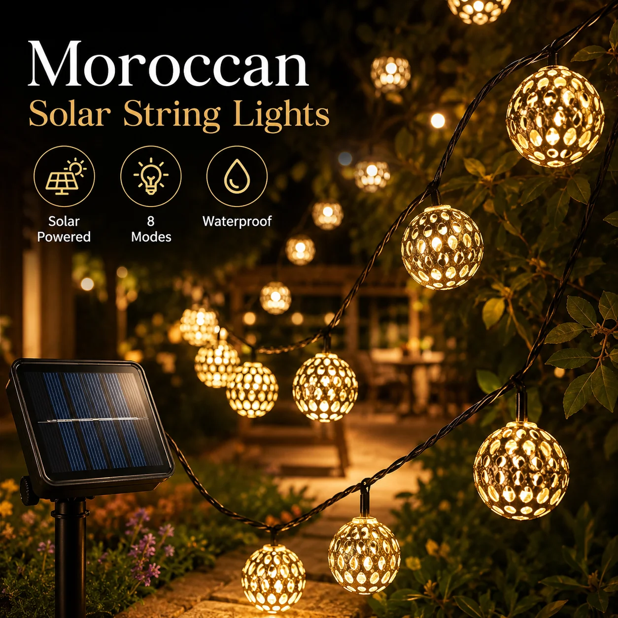 20/30 LED Moroccan Ball Solar String Lights Waterproof 8 Modes Outdoor Garden Wedding Christmas Decor