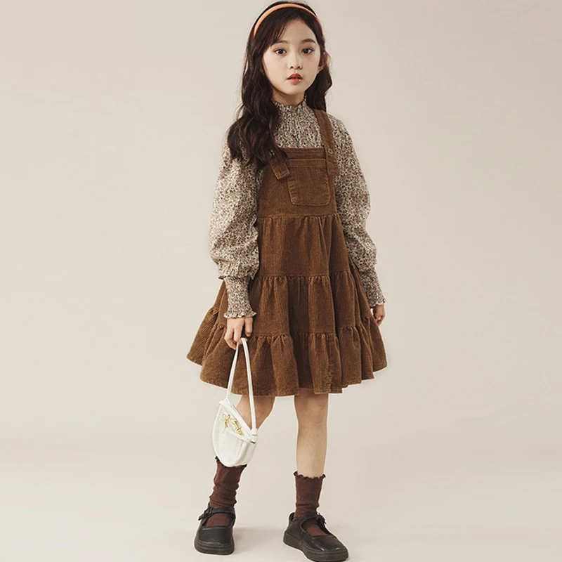 Vintage Girls Ruffled Corduroy Dress Spring And Autumn New Children Korean Sleeveless Suspenders Dress Match Printed Shirts