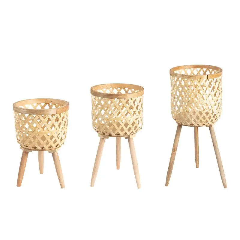 

Bamboo Basket Plant Stand Lightweight Excellent Woven Pot Holder Indoor Eye-catching Flower Display Storage Stand Home Decor