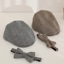 2Pcs Baby Beret Hat Bow Tie Set Kids Cap for Boys Girls Autumn Spring Children Cap Vintage Infant Toddler Hats 1-3Y