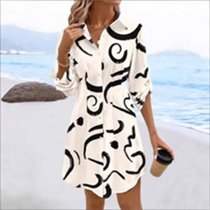2025 nuove donne casual stampa manica lunga cintura con cravatta abito camicia abito camicetta tunica per abiti estivi da indossare ogni giorno