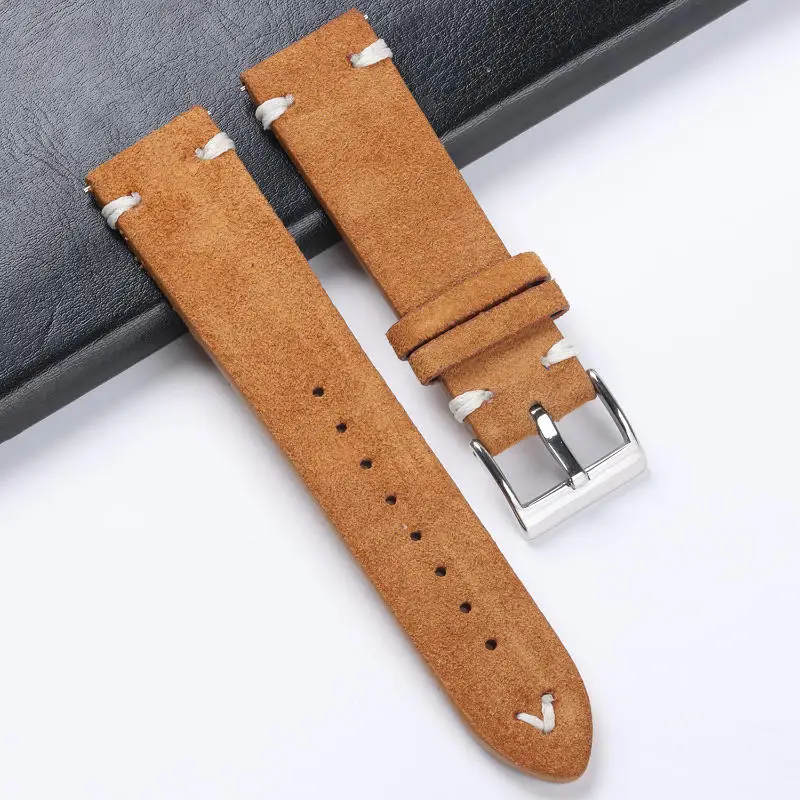 Genuine Suede Leather Vintage Watch Band 20mm 22mm Black Brown Handmade Stitching Watch Strap Replacement Wristband