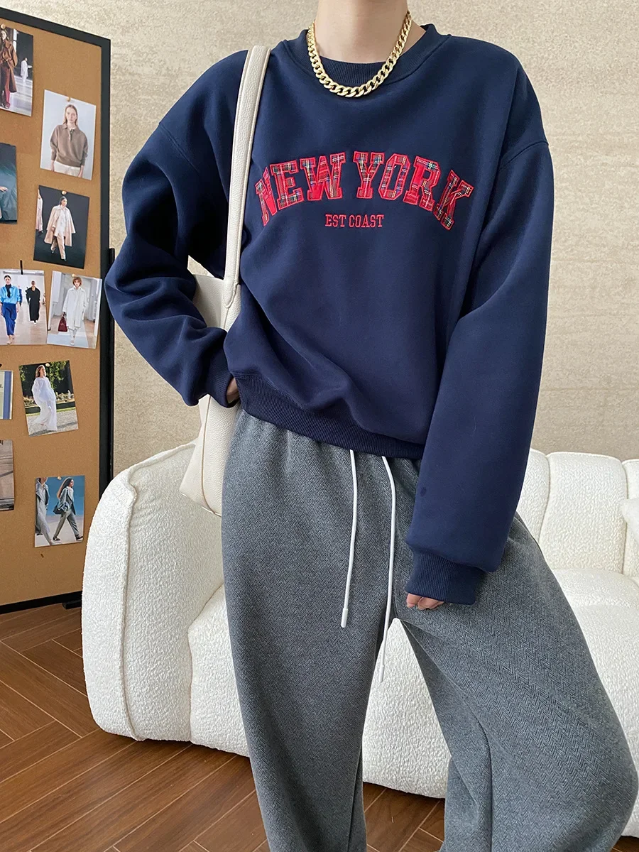 

Autumn and Winter Fashion Vintage Applique Embroidery Lettering Loose Drop Cuff Hoodie Female Clothing